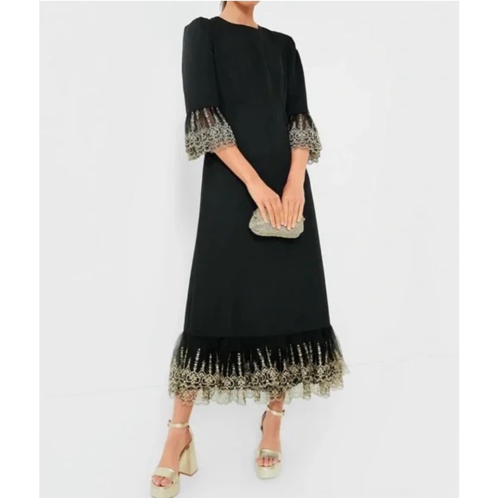 Tuckernuck Black Midi Dress with Gold Lace Trim